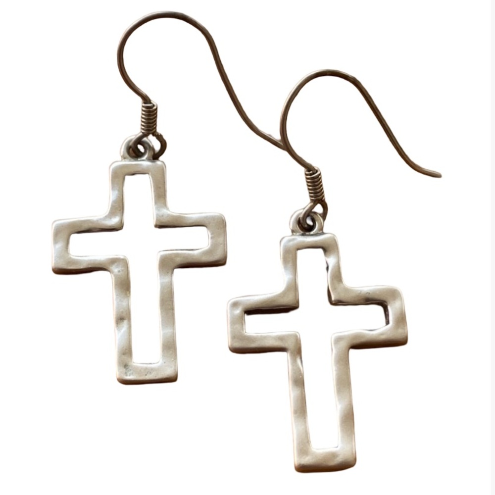 Open Cross Hammered Silver Tone Pierced Dangle Earrings